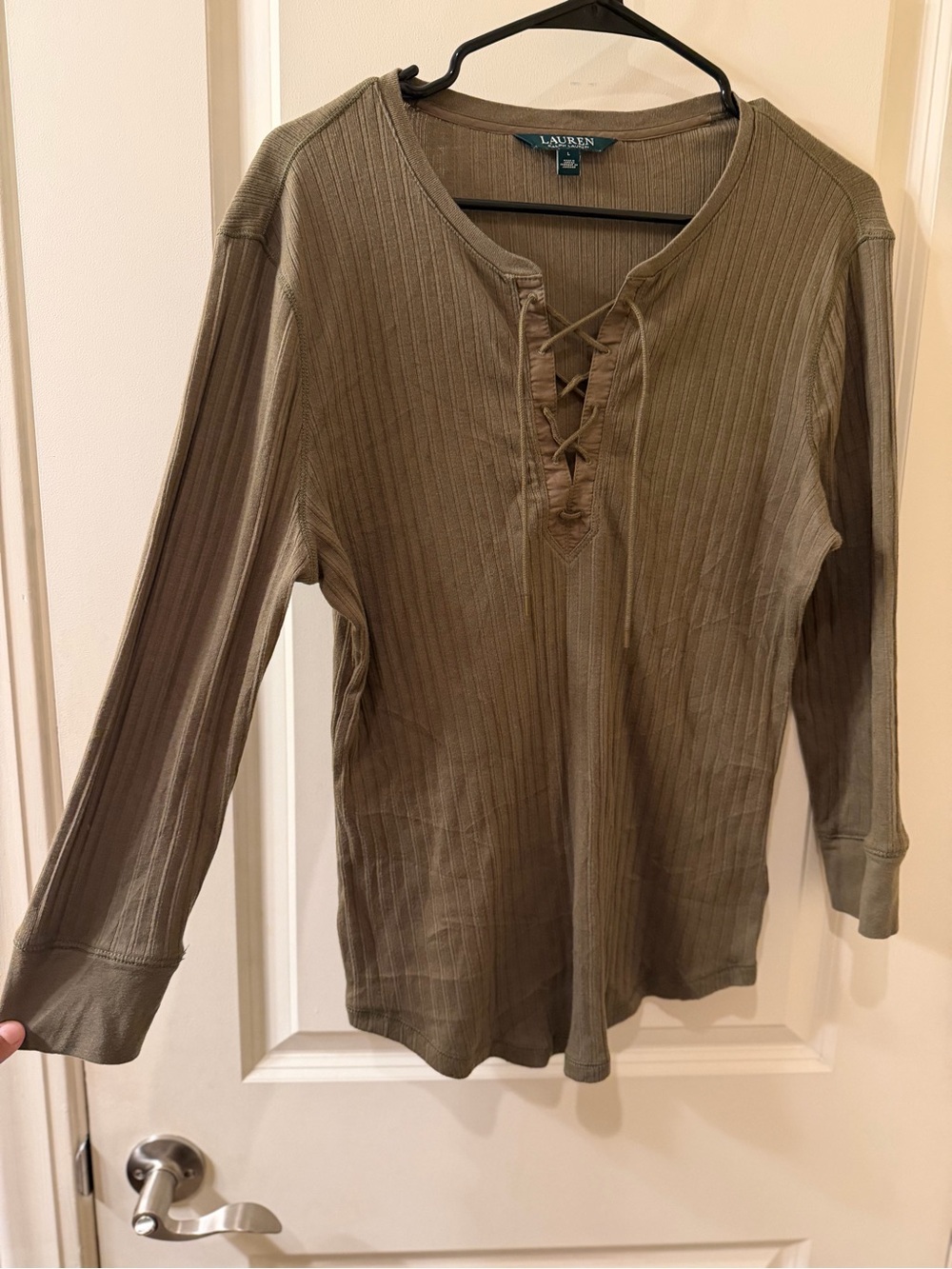 Lauren Ralph Lauren Olive Ribbed Lace-Up Long-Sleeve Top
